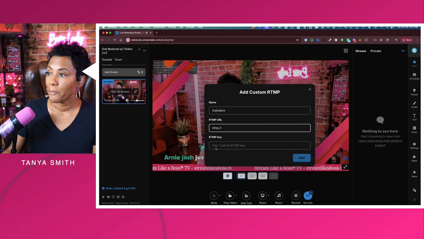 Streamlabs Talk Studio with custom RTMP setup for Substack