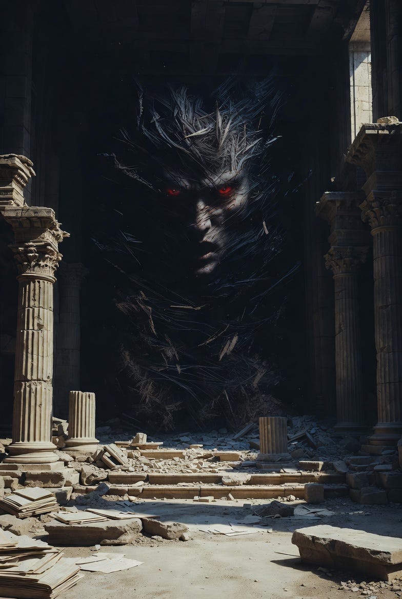 A shadowy figure in an abandoned temple, symbolizing the Fourth Beast: The Proxy.