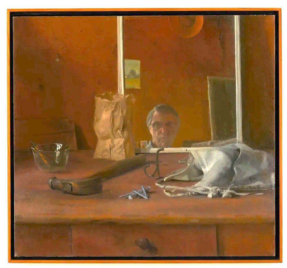 A still life with a hammer and nails in the foreground, along with a crumpled painting apron, a glass dish, and in the background, a paper bag in front of a mirror reflecting the image of a man's serious face (the painter).