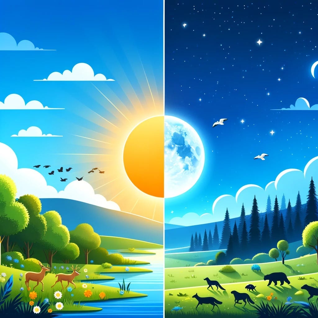 A peaceful landscape depicting the transition from day to night. The left side shows daytime with a bright sun, blue sky, and active wildlife, while the right side transitions to night with a moon, stars, and a tranquil environment. This illustration symbolizes the natural daily cycle of light and darkness affecting our circadian rhythm. A peaceful landscape depicting the transition from day to night. The left side shows daytime with a bright sun, blue sky, and active wildlife, while the right side transitions to night with a moon, stars, and a tranquil environment. This illustration symbolizes the natural daily cycle of light and darkness affecting our circadian rhythm.
