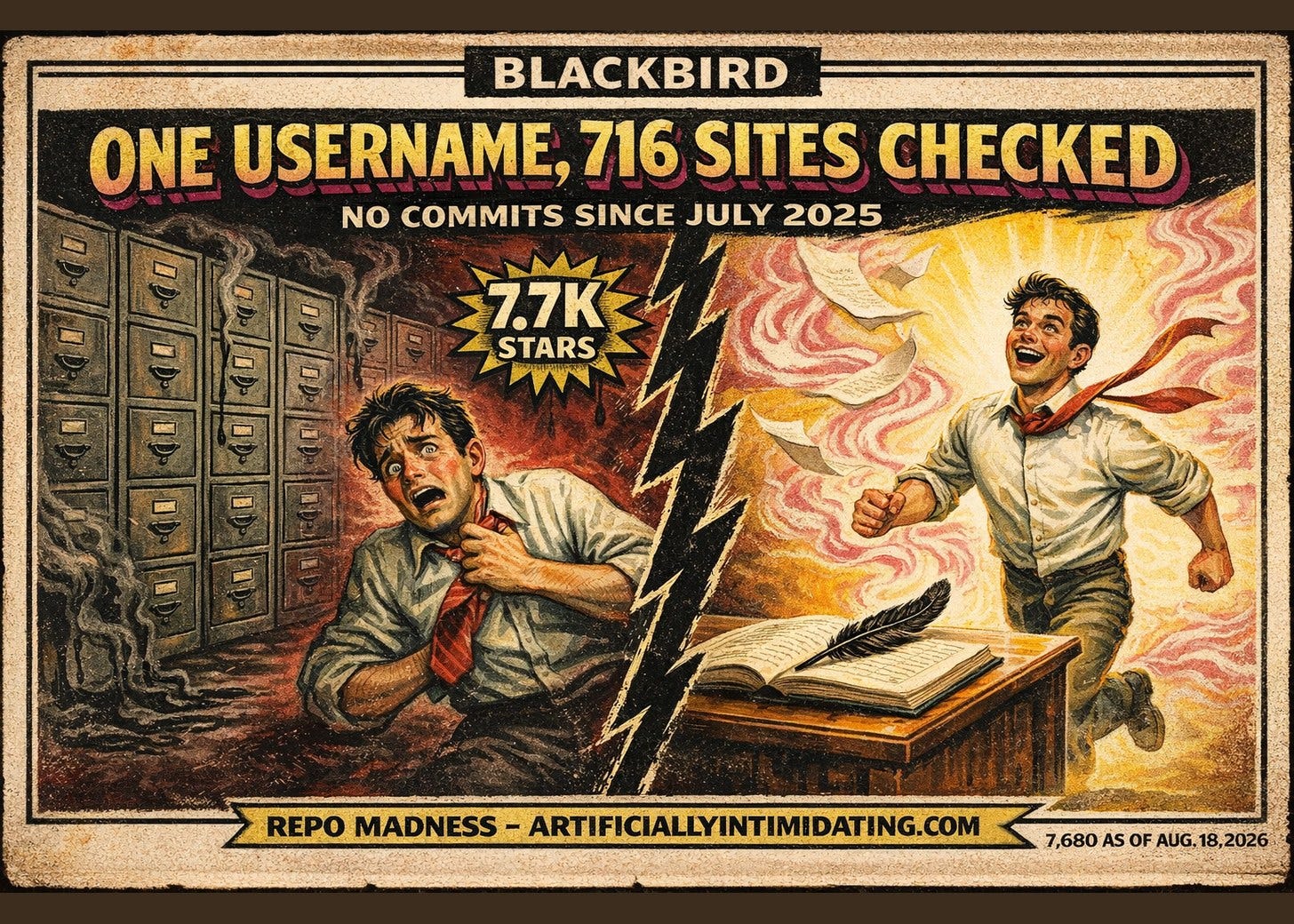 A painted 1930s-style poster split by a jagged bolt. Left: a worker gripping his tie before a towering wall of locked steel filing cabinets. Right: the same man running past an open ledger with a single black feather resting on it. Nameplate reads BLACKBIRD.