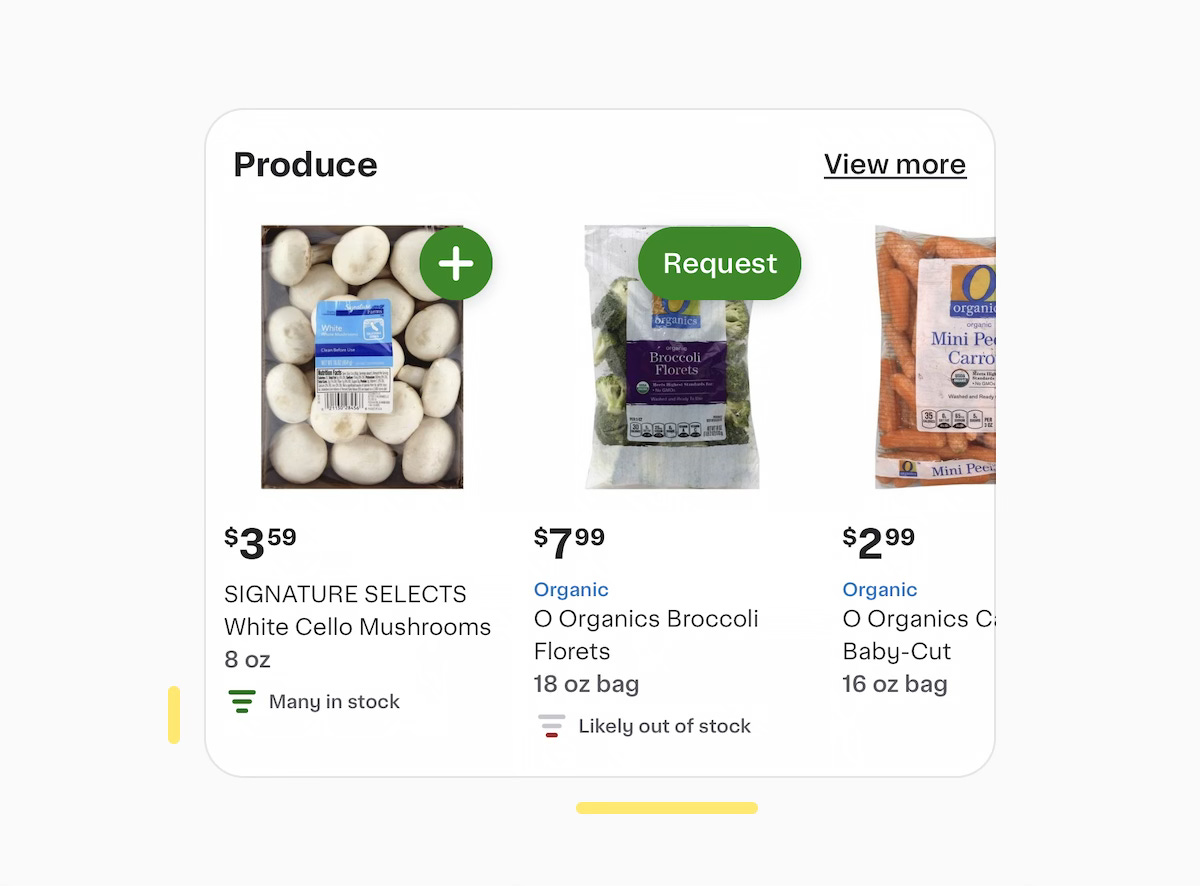 A carousel for ordering fresh groceries. Plentiful products have a "Many in stock" label. Products that are low are labeled as "Likely out of stock" and have a “Request” button.