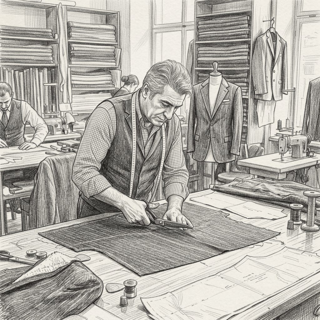 Tailor cutting dark pinstriped fabric on wooden table in a tailoring workshop