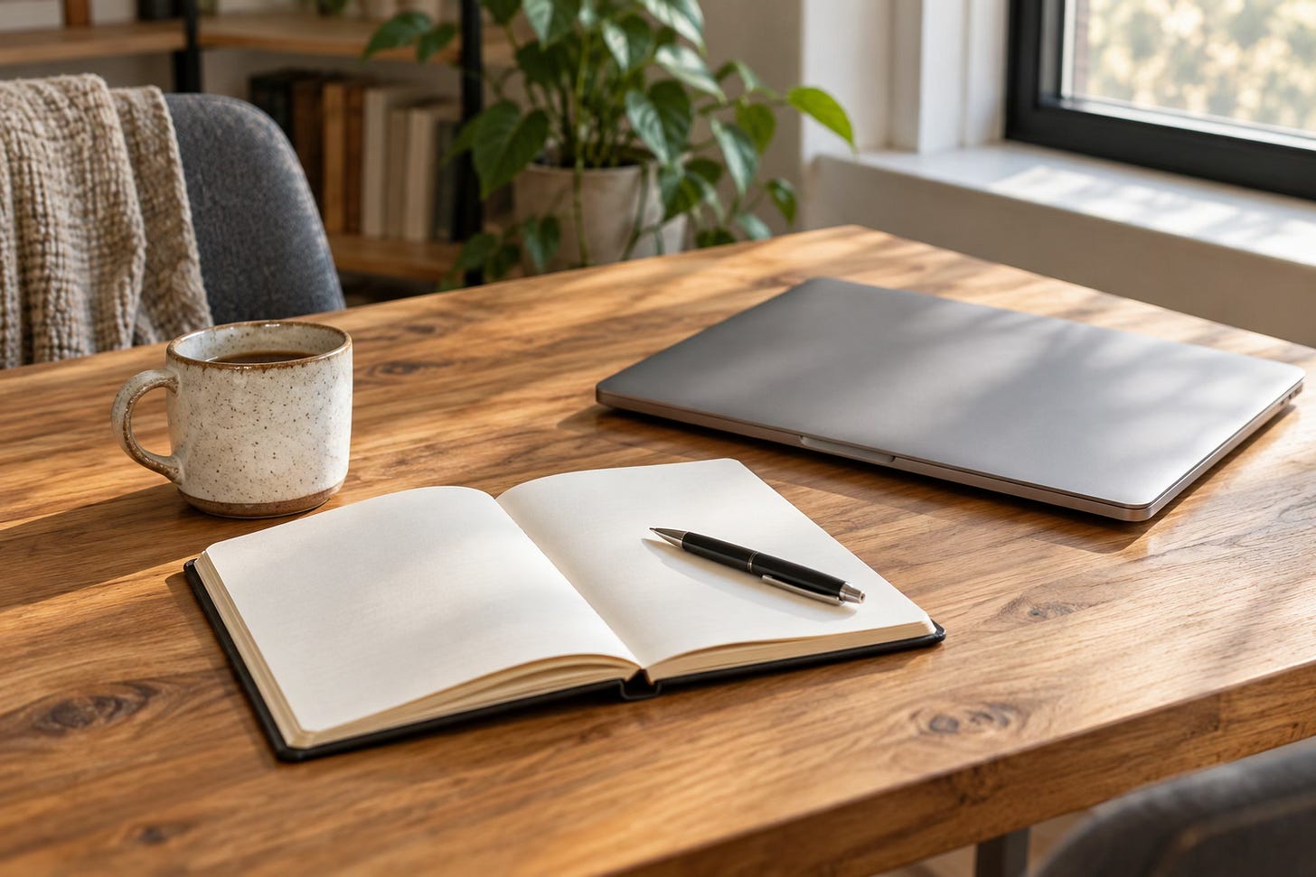 Open notebook and pen beside a laptop and coffee cup in a calm home workspace..