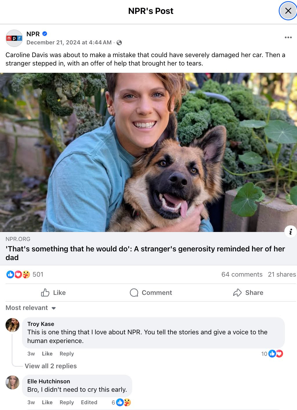 Screenshot of an NPR Facebook post featuring Caroline Davis's story, titled "That's something that he would do" Screenshot of an NPR Facebook post featuring Caroline Davis's story, titled "That's something that he would do"