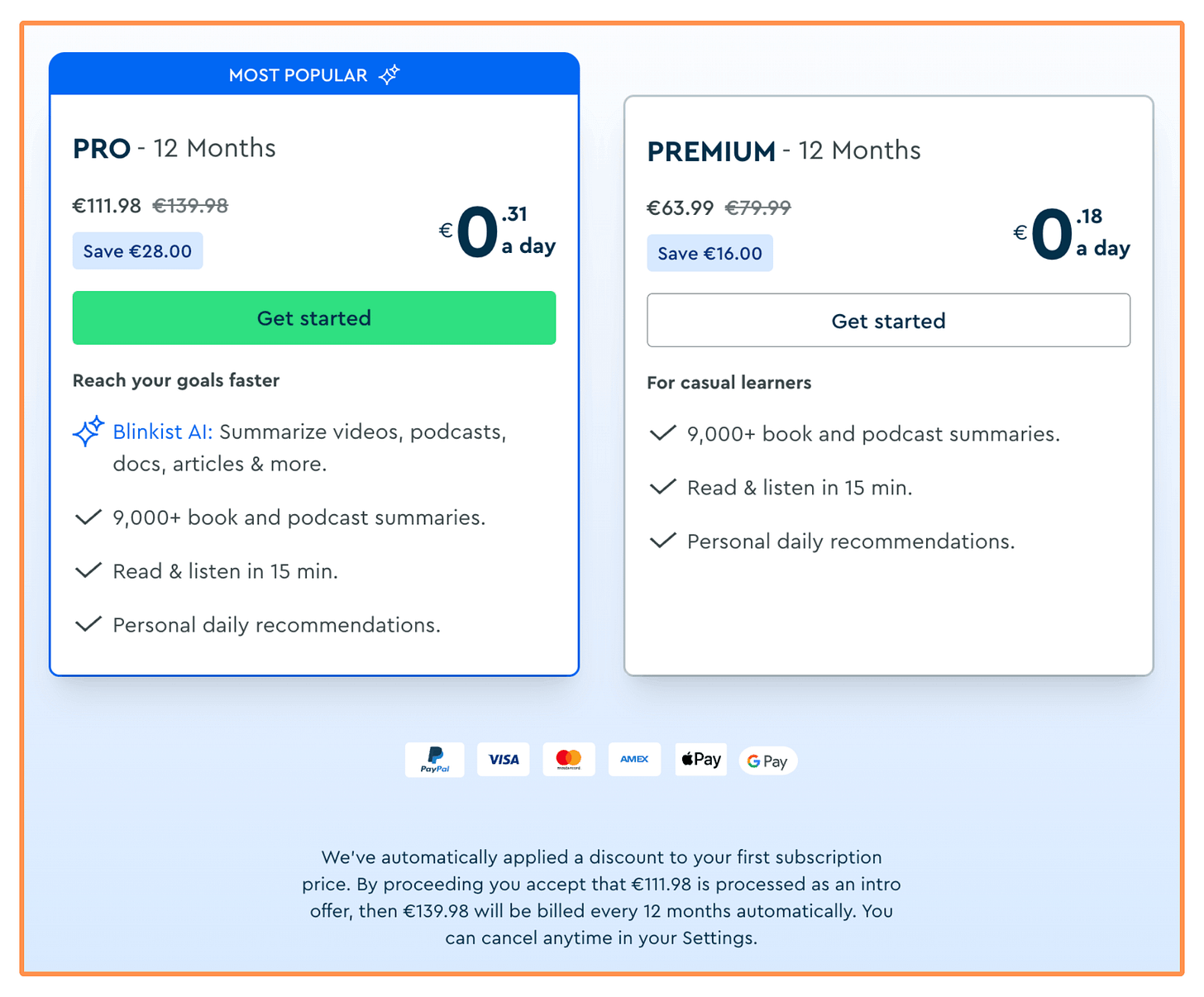 Blinkist Pro / Blinkist Premium (amounts in EUR)
