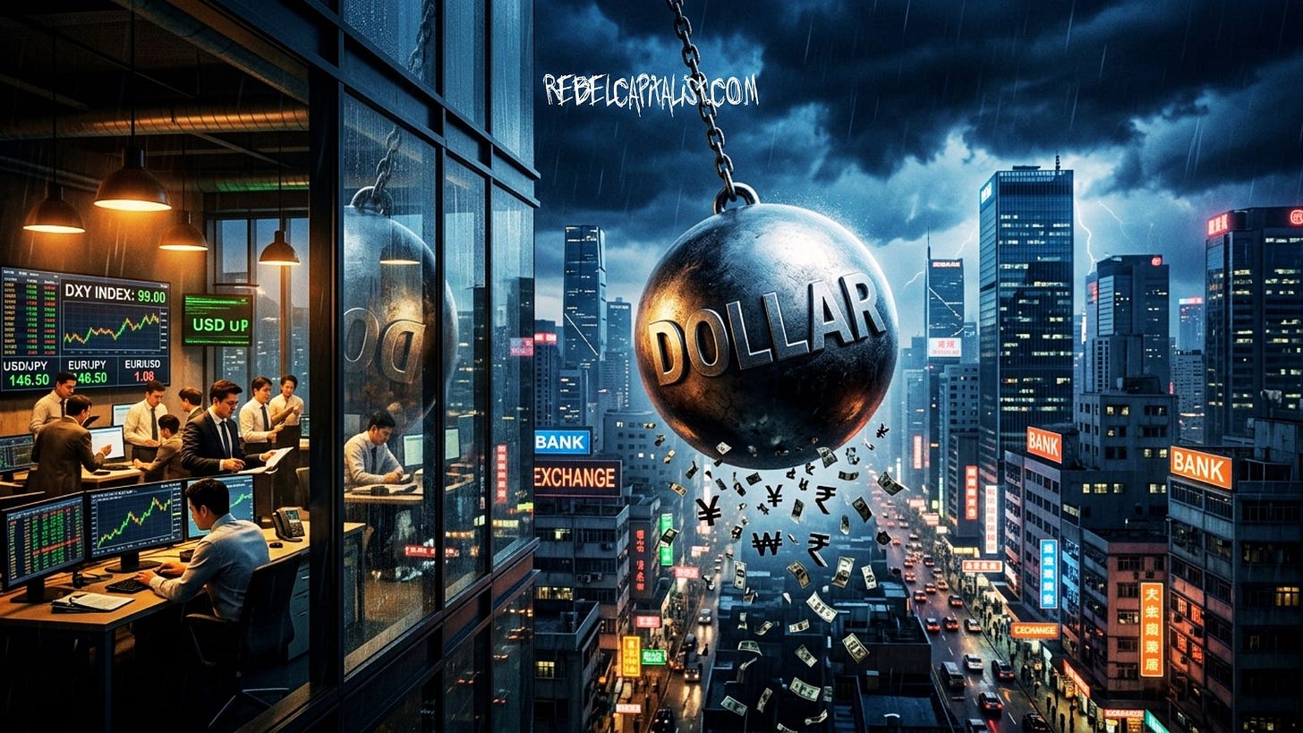 Giant dollar wrecking ball swinging through financial district with trading floor scene
