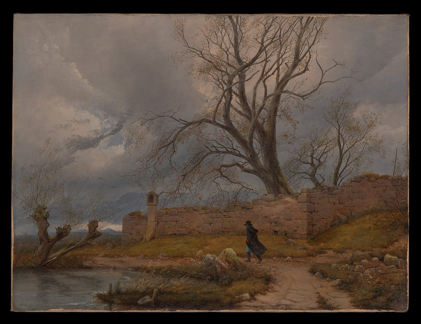 painting of a lone man in a billowing coat walking along a country road that has a lake on one side and a crumbling wall on the other