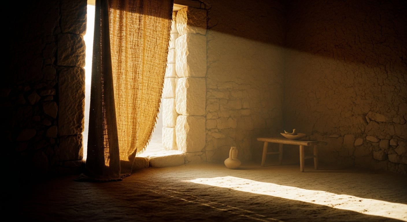 A heavy handwoven curtain pulled back at an ancient stone doorway, bright morning light pouring through the opening into a simple room A heavy handwoven curtain pulled back at an ancient stone doorway, bright morning light pouring through the opening into a simple room