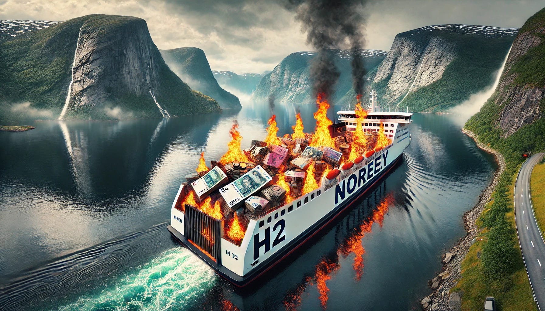 Norwegian hydrogen ferry burning kroner while crossing a fjord.