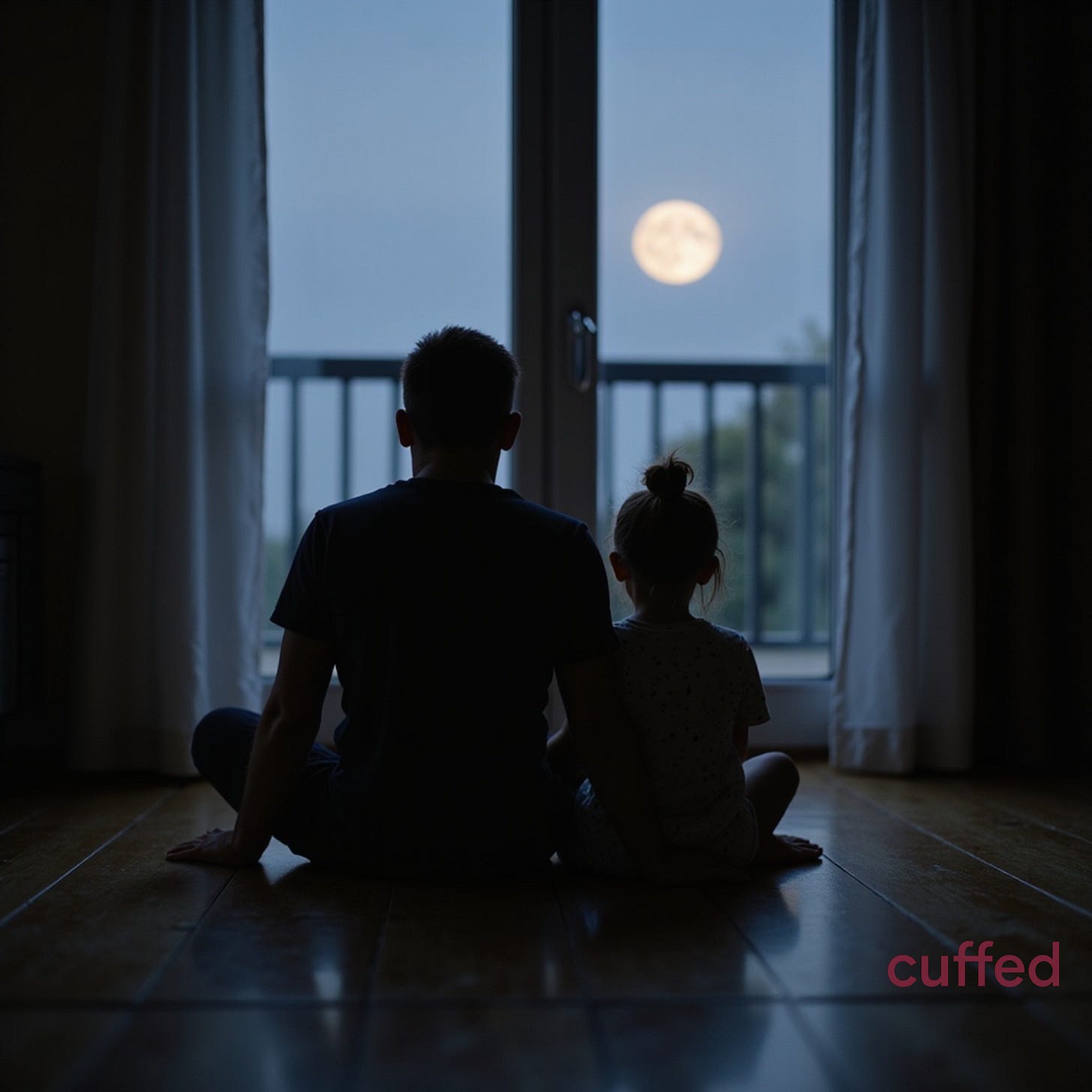 A father and young daughter sit side by side on a wooden floor, silhouetted against a large glass door as a full moon rises outside. They face the night sky in silence, framed by white curtains. The moment is intimate, peaceful, and full of unspoken connection. Visual for cuffed musing no. 19. A father and young daughter sit side by side on a wooden floor, silhouetted against a large glass door as a full moon rises outside. They face the night sky in silence, framed by white curtains. The moment is intimate, peaceful, and full of unspoken connection. Visual for cuffed musing no. 19.