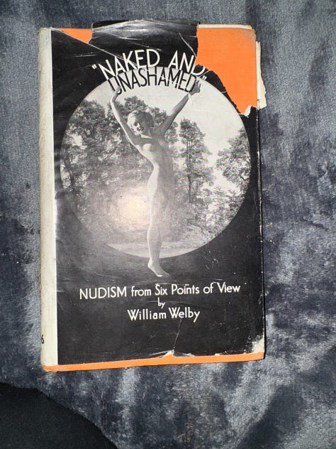 Nine photos of vintage nudist books displayed on a dark surface, including titles such as Social Nudism in America by Fred Ilfeld and Roger Lauer, On Going Naked by Jan Gay, Life in the Sun by Allan Blair, The Naked Truth About Nudism by William Welby, Naked in the Woods by Jim Motavalli, Defense of Nudism by Henry Huntington, Nudist Society by William Hartman, Facts About Nudism (1935), and Naked and Unashamed by William Welby.
