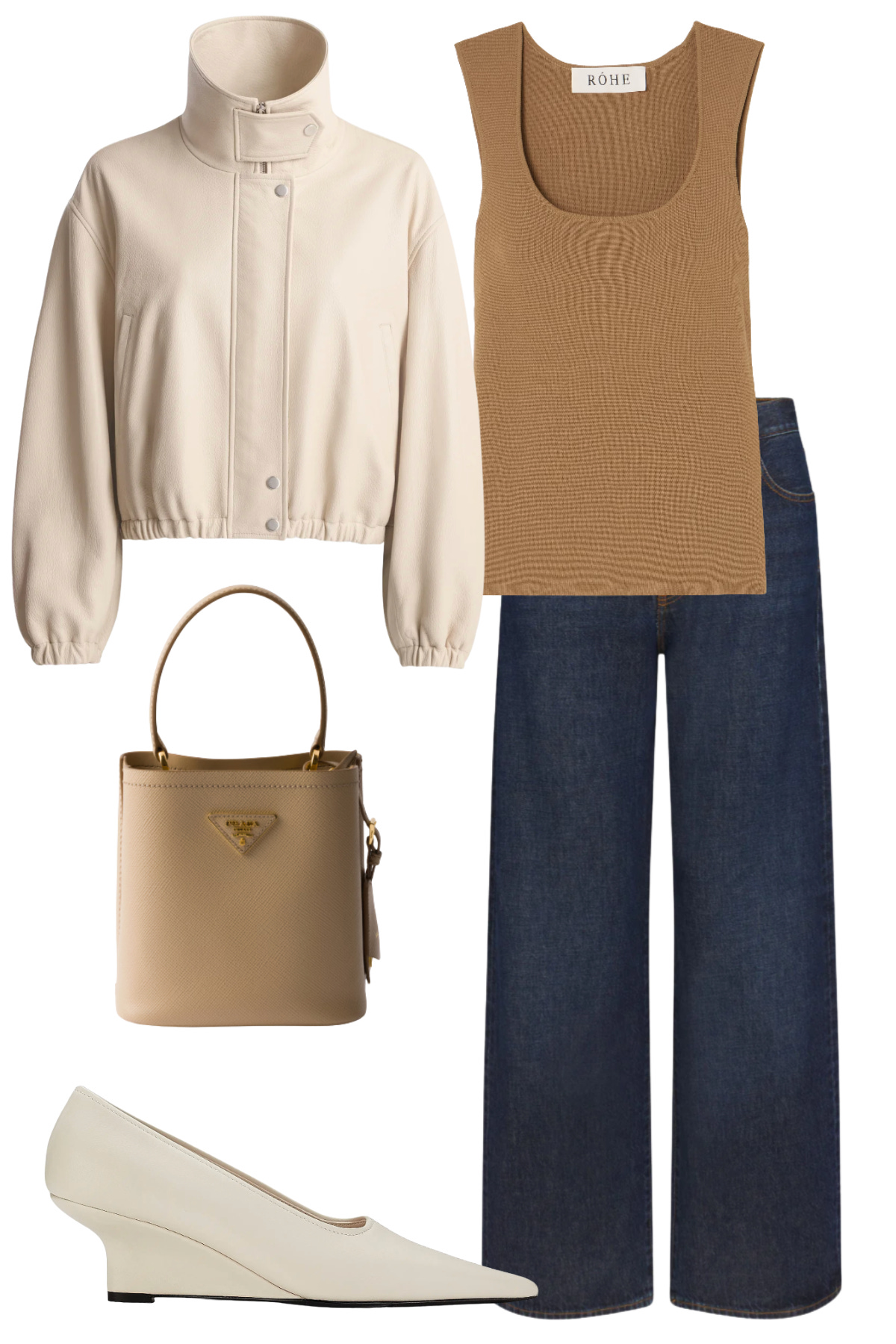spring outfit with lightweight jacket, dressy jeans, and pumps for evening