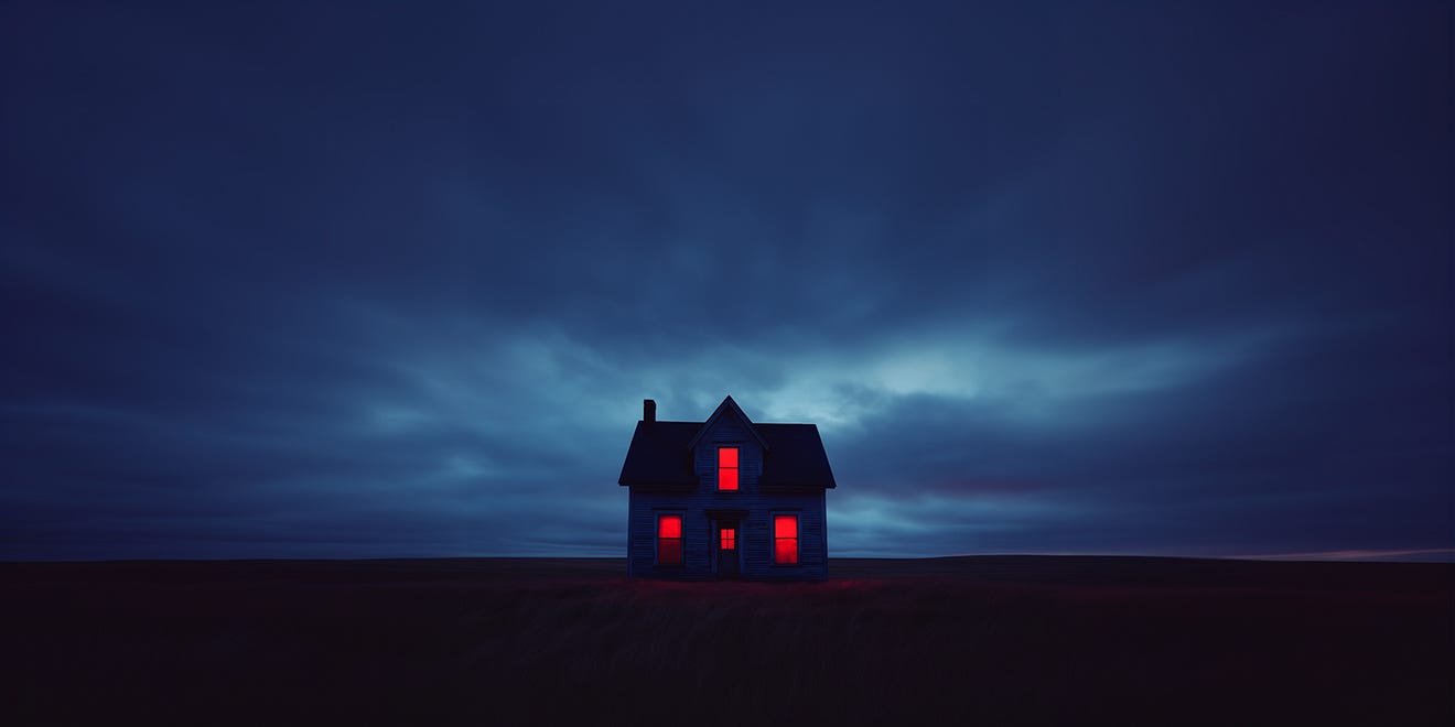 A solitary house with a dark exterior stands in the middle of a vast, empty field under a dramatic, cloudy night sky. The house has several windows that emit an eerie red glow, creating a stark contrast against the deep blue and black tones of the surrounding landscape. The image evokes a sense of mystery and isolation, making it visually striking and intriguing.