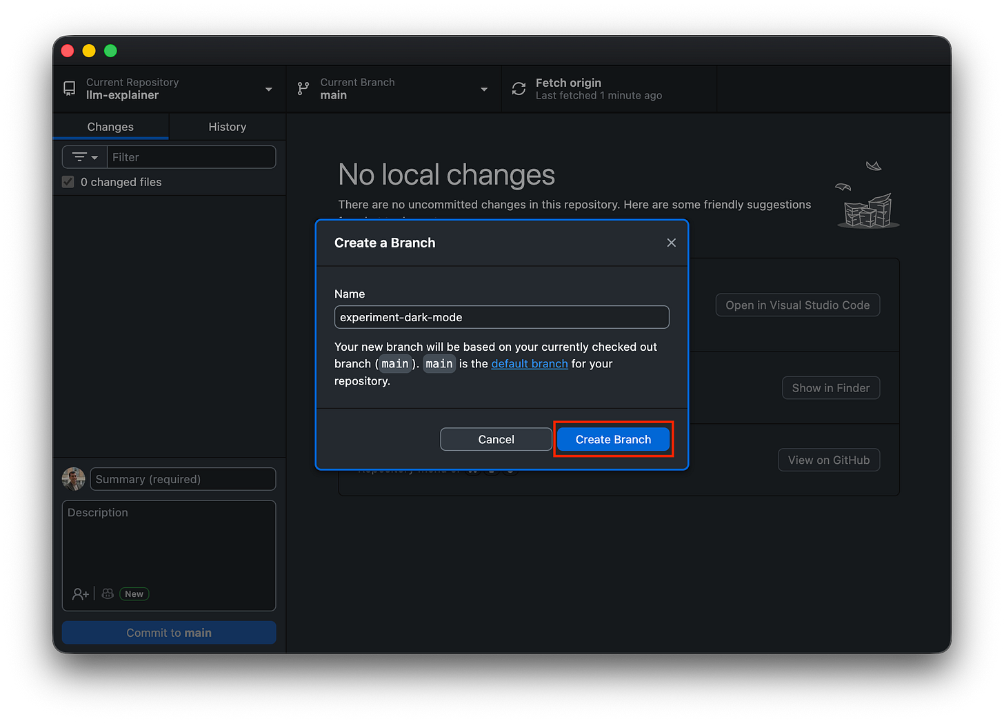 "Create a Branch" popup window with the name "experiment-dark-mode" entered.