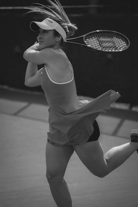 Black and white collage of five tennis scenes: two women in club hats sitting on a bench, two male players stringing rackets on the grass, and three dynamic in-game shots capturing movement and focus. All wearing Miami Racket Club apparel.
