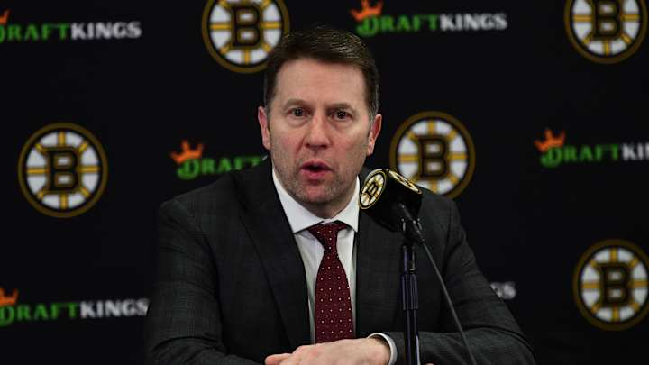 Jan 7, 2025; Boston, Massachusetts, USA;  Boston Bruins head coach Joe Sacco speaks to the media after losing to the Edmonton Oilers at TD Garden. Mandatory Credit: Bob DeChiara-Imagn Images