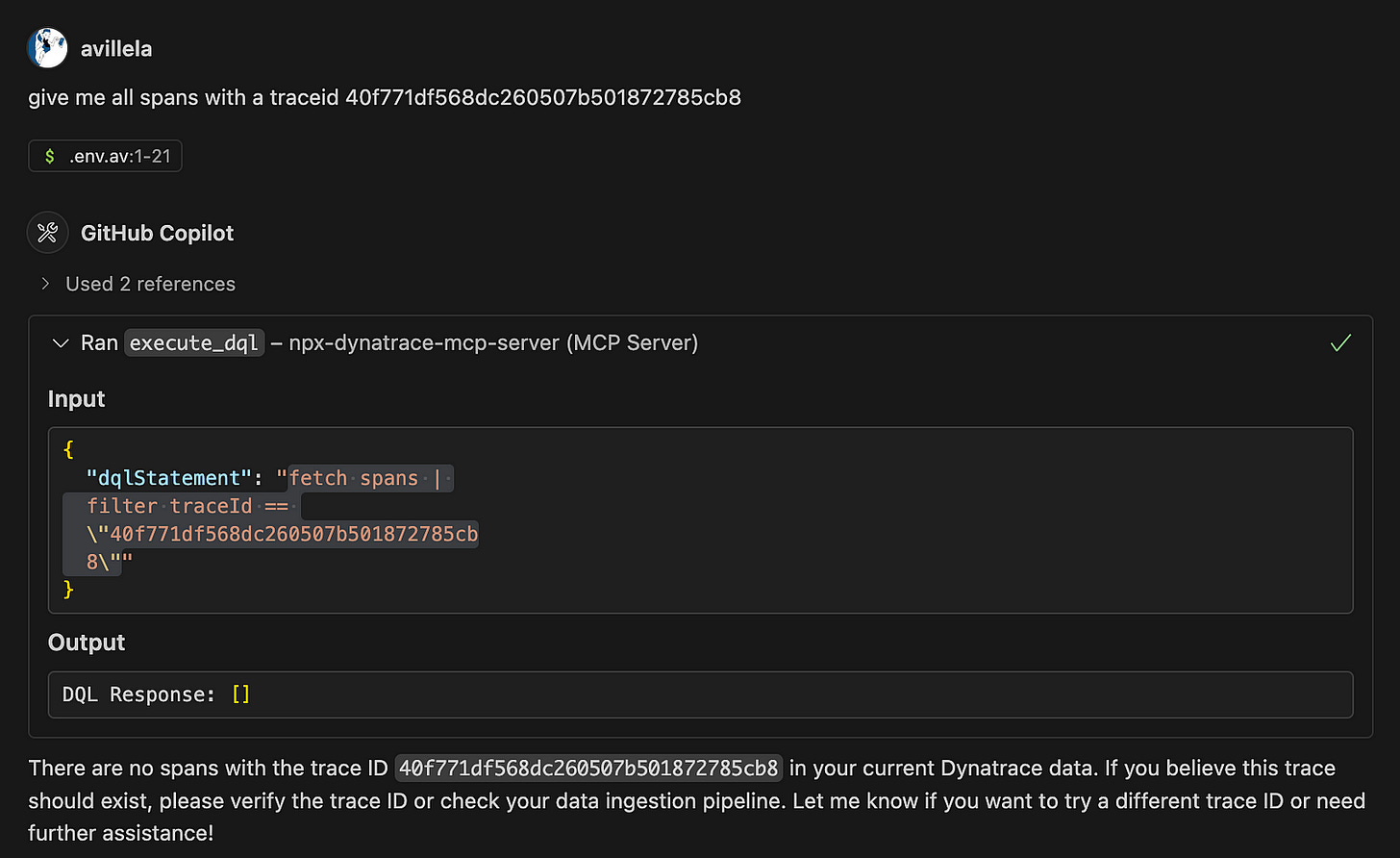 Chat interaction with the Dynatrace MCP server via MSCopilot. Prompt: give me all spans with a traceid 40f771df568dc260507b501872785cb8. Response: No spans found with that trace ID.