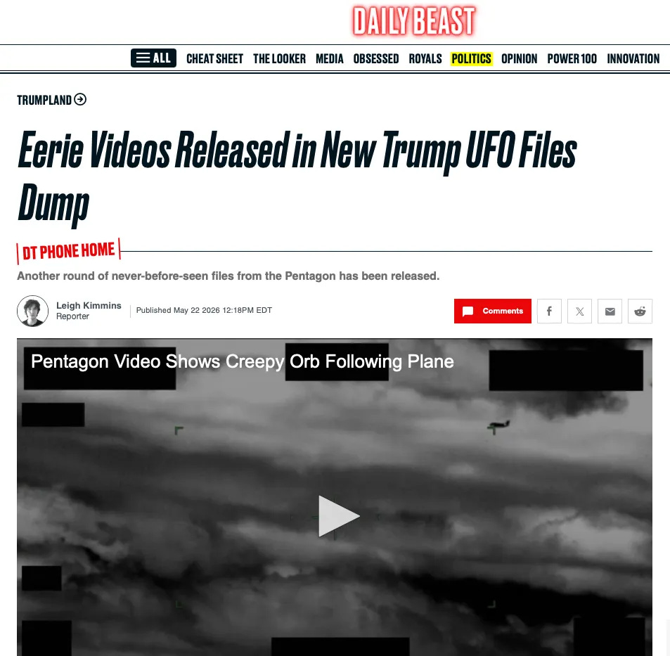 Screenshot of Daily Beast's coverage of Pentagon's second dump of UFO files 