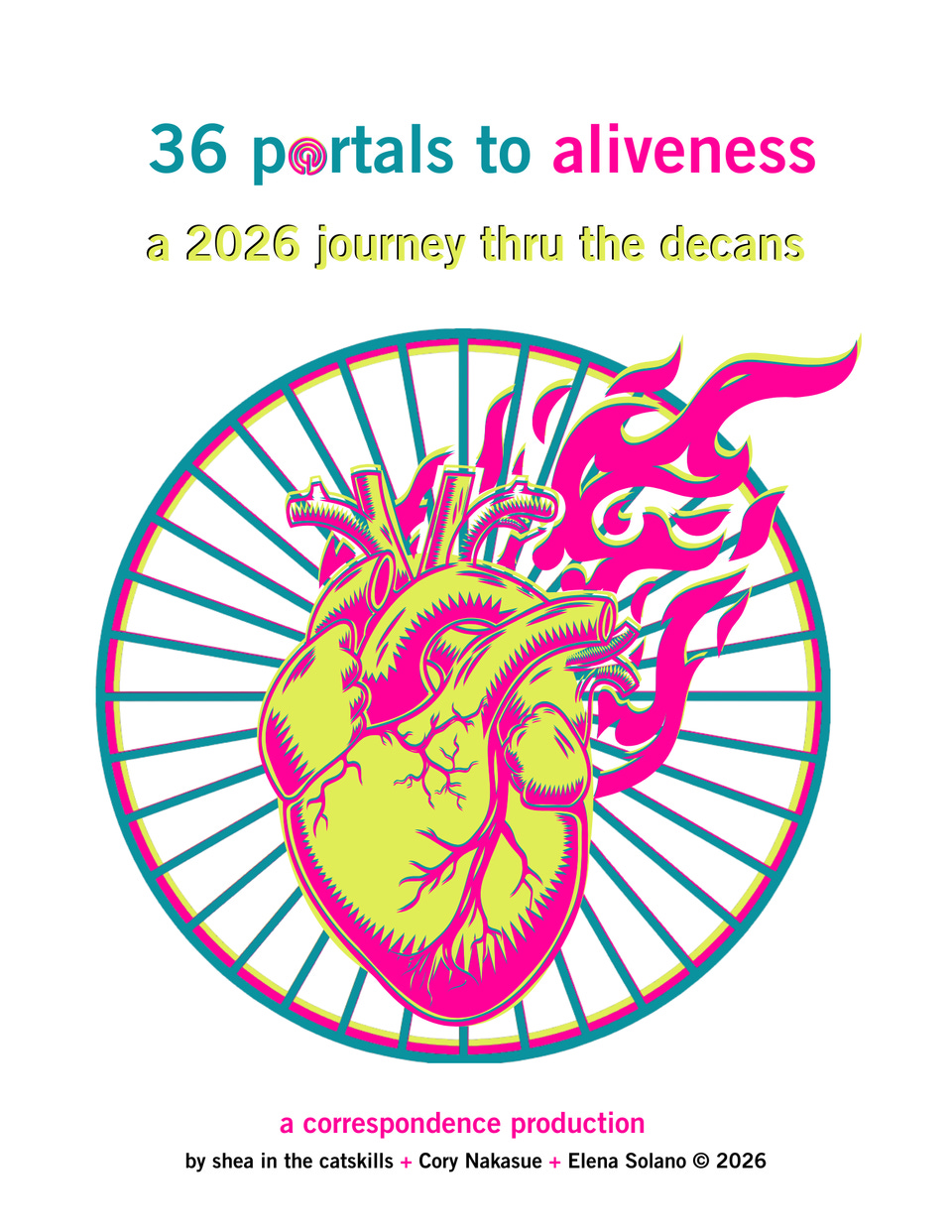 a flaming yellow and pink anatomical heart atop a blue circle segmented into 36 equal segments