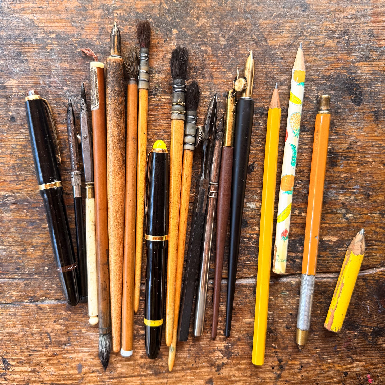 antique dip pens, ruling pens, brushes, pencils
