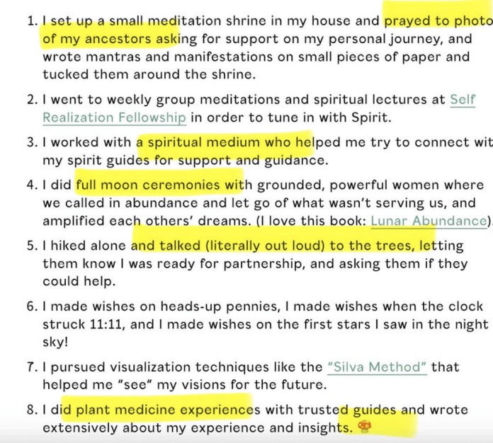 Screenshot of Casey Means’ Good Energy newsletter describing rituals such as visions, plant medicine, manifestation, and spiritual communication.