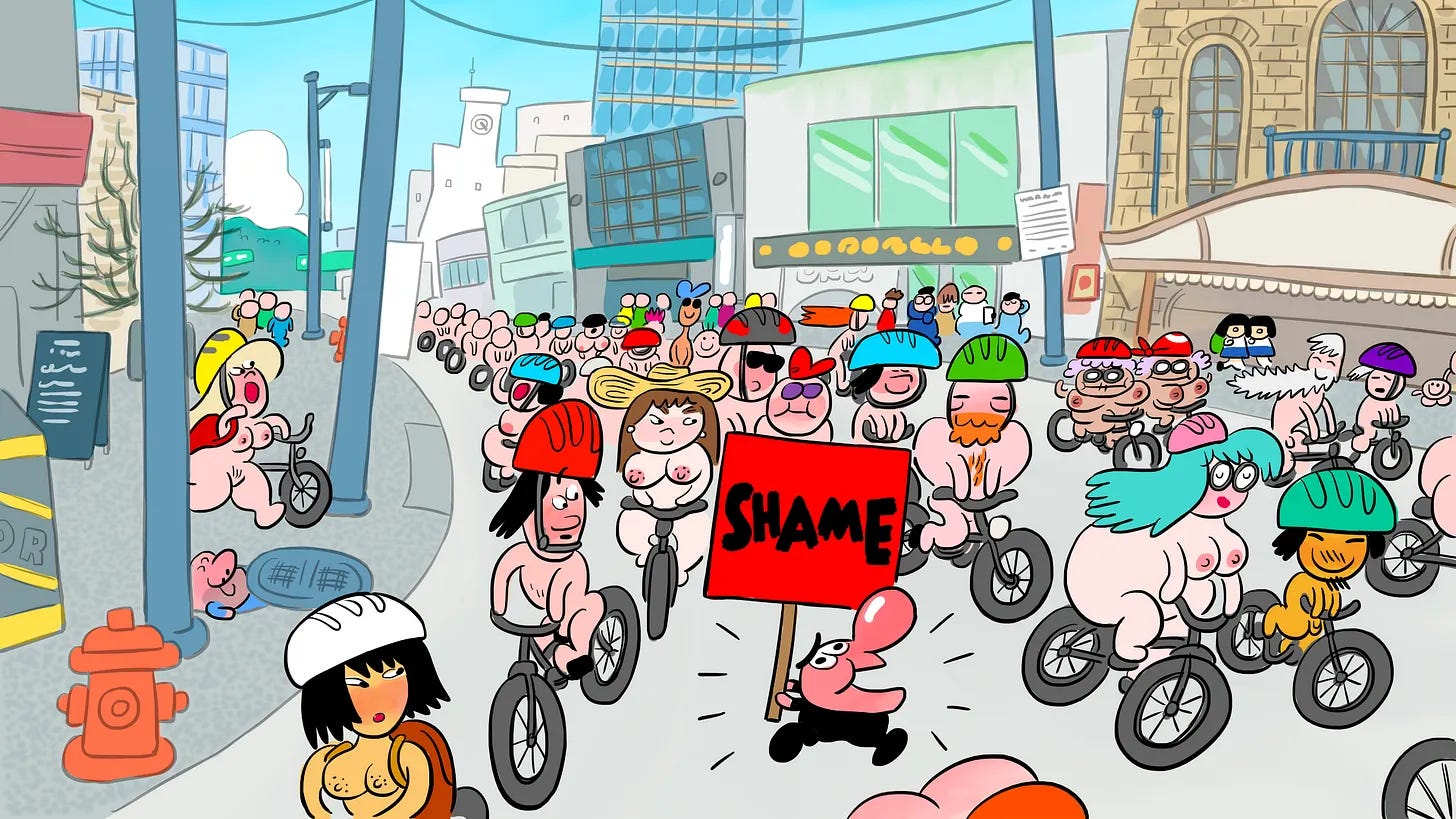A colorful still from World Naked Bike Tour shows dozens of nude cyclists riding through downtown Vancouver wearing bicycle helmets. Riders of different ages, body types, and appearances fill the street while a lone protester carrying a red sign reading “SHAME” attempts to confront the cheerful procession.