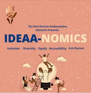 A group of people playing on a large lightbulb and text that says "The Anti-Racism Ambassadors Network Presents: Ideaa-nomics. Inclusion, diversity, equity, accessibility, anti-racism" A group of people playing on a large lightbulb and text that says "The Anti-Racism Ambassadors Network Presents: Ideaa-nomics. Inclusion, diversity, equity, accessibility, anti-racism"