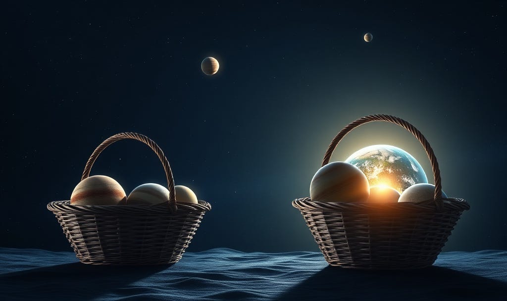 An illustration of planets in the universe separated into two large baskets An illustration of planets in the universe separated into two large baskets