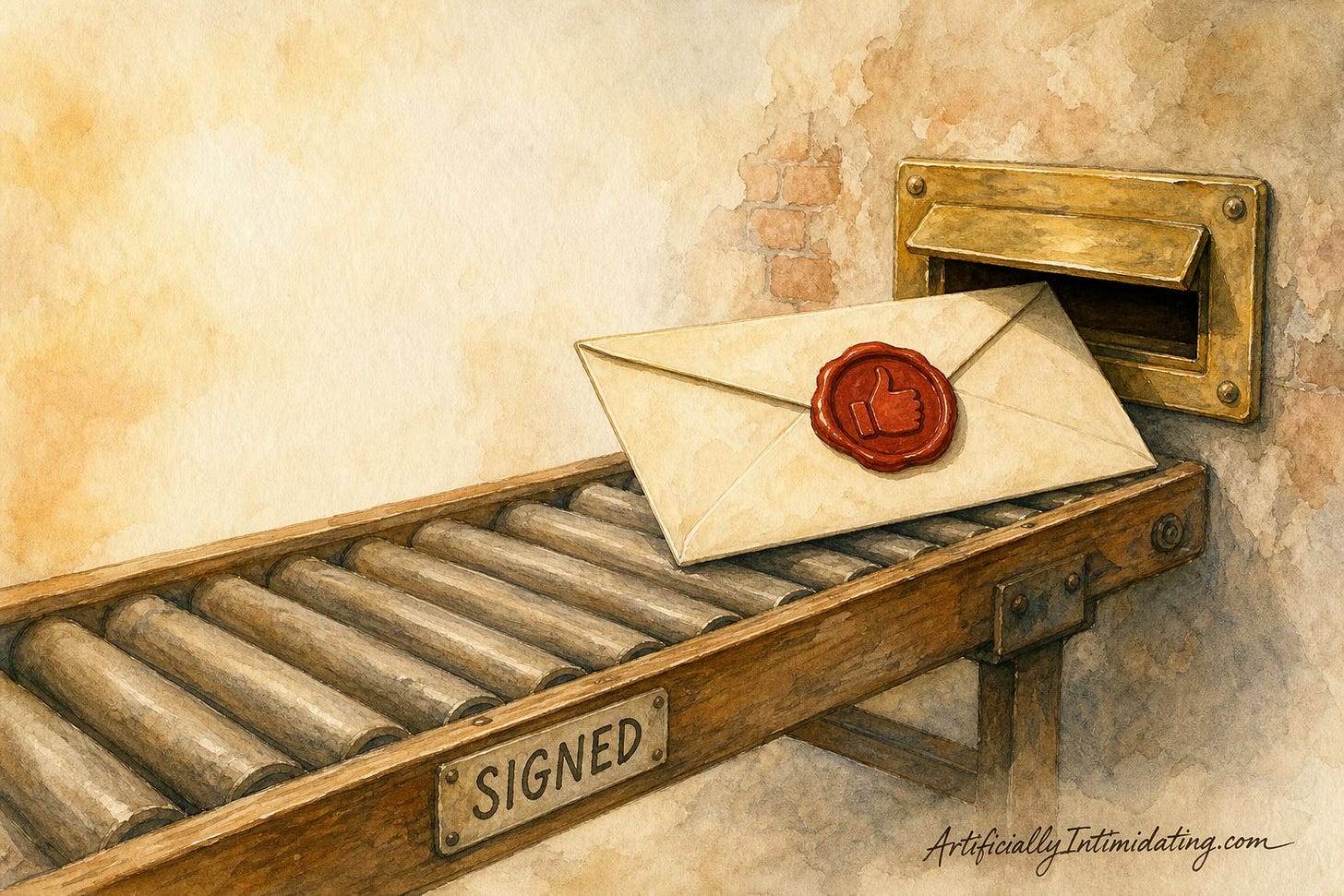 Watercolor illustration of a cream envelope on a wooden conveyor moving toward a brass mail slot, sealed with red wax stamped with a thumbs-up, a label on the conveyor reading SIGNED.