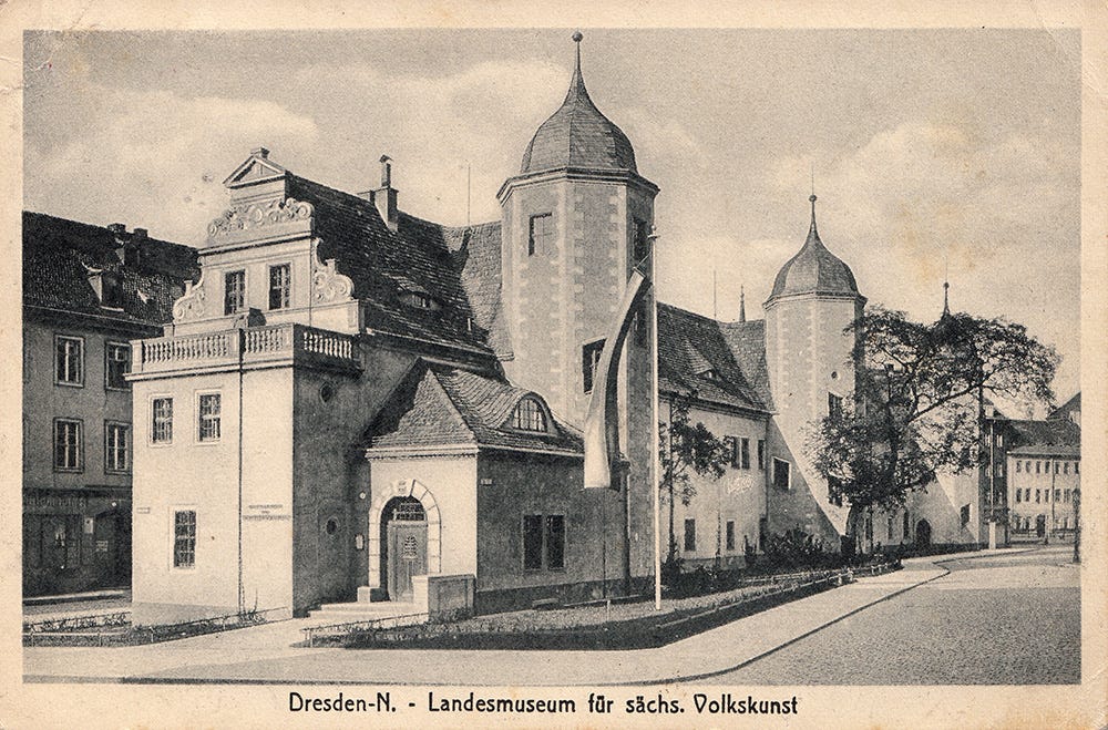 Sepia postcard of the Museum for Saxon Folk Art in Dresden