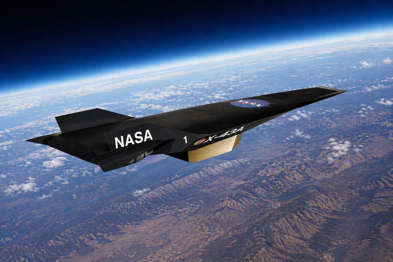 NASA’s X-43A hypersonic aircraft soaring above Earth, showcasing cutting-edge design and near-Mach 10 capability.