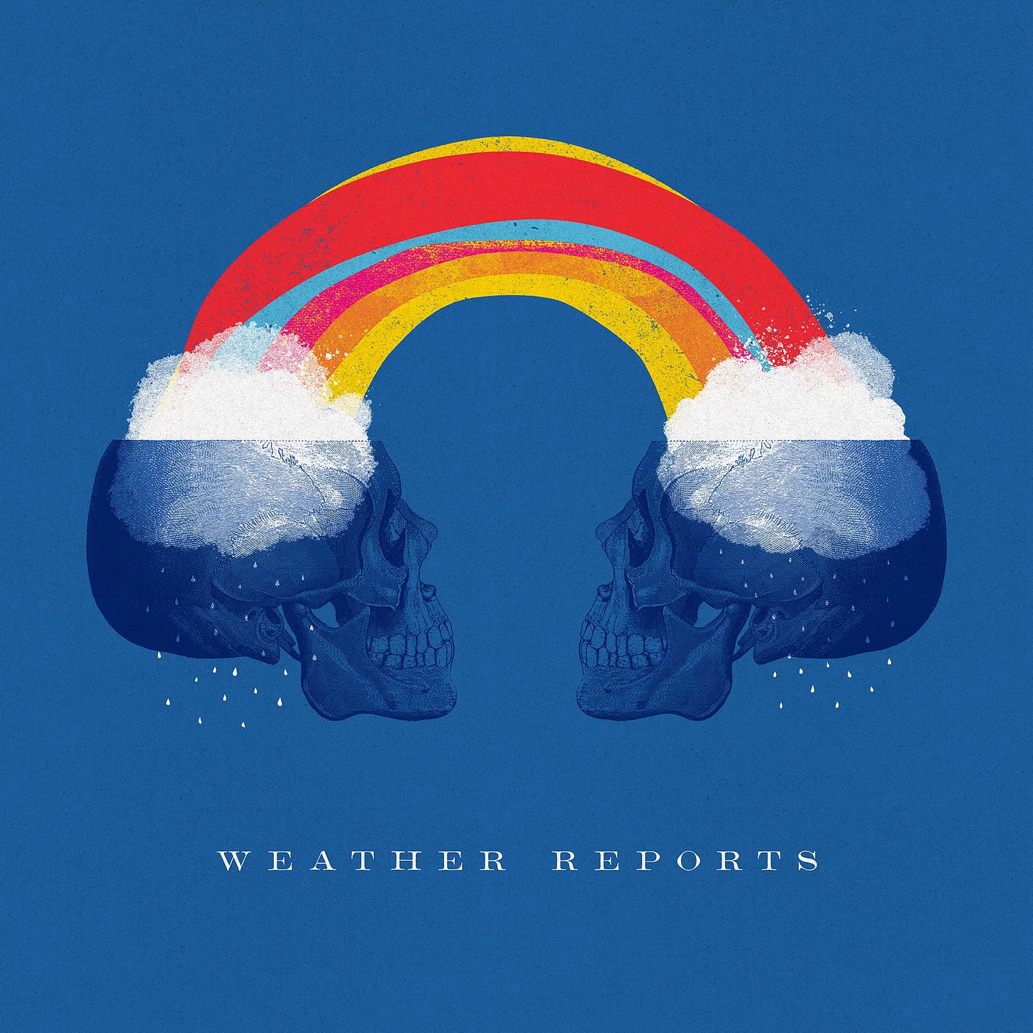 Two skulls face each other, connected by a rainbow that ends in clouds in each of the skulls. A title on the image reads Weather Reports.