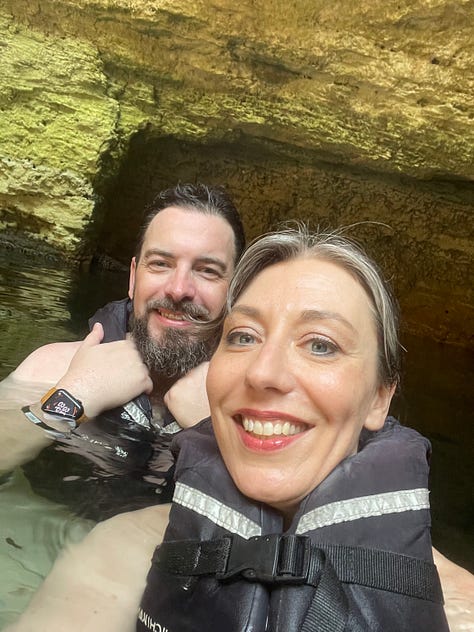 Pic one: Ivy sitting on a beach chair reading her kindle. Pic 2: Ivy in front of the Temple of Kukulcan. Pic 3: Ivy and Ryan swimming in a cenote. Pic 4: A bowl of ceviche and a spicy margarita. Pic 5: Cathedral in San Valladolid, Mexico. Pic 6: Mayan sculpture of Venus. Pic 7: Pokemon Go screenshot of Sprigatto on the beach at sunset Pic 8: View from balcony of the Marriott All Inclusive at night. Pic 9: My foot leaving footprints on the beach