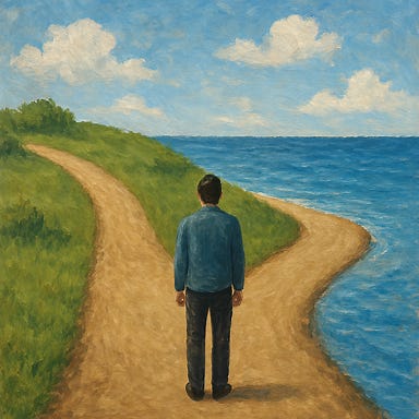 A person standing at a fork in the road, one path leading to dry land and the other path leading to water.