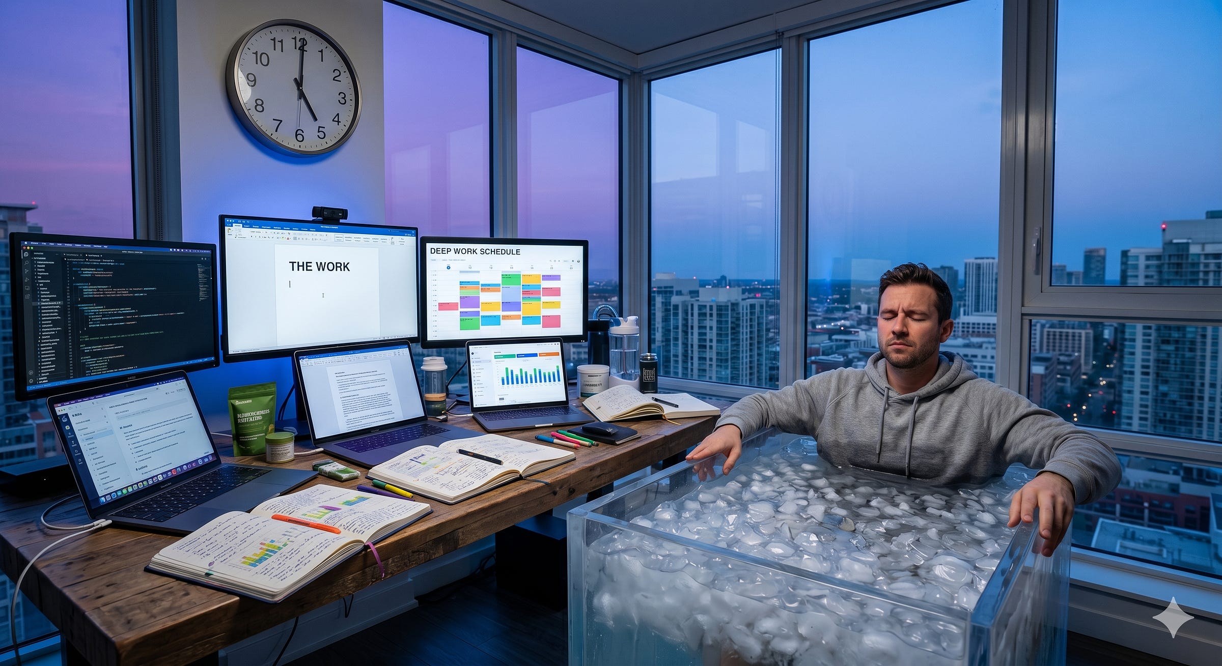 A man wearing a grey hoodie sits meditating in a transparent plastic ice bath positioned next to a multi-monitor desk setup in a modern high-rise apartment at sunrise. His multiple screens display text documents, code, and a "Deep Work Schedule," surrounded by numerous open journals, books, and optimization supplements.
