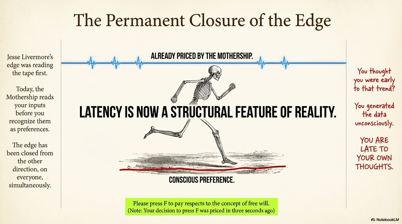 A running skeleton over a heart-rate line labeled "Already priced by the Mothership," with a flatter line below labeled "Conscious preference." Center text: "Latency is now a structural feature of reality." Margin note: "You are late to your own thoughts."