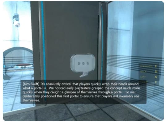 A screenshot from the Developer Commentary mode from Portal, including an interactable speech bubble and a spoken and written block of text by developer Kim Swift which discusses level design