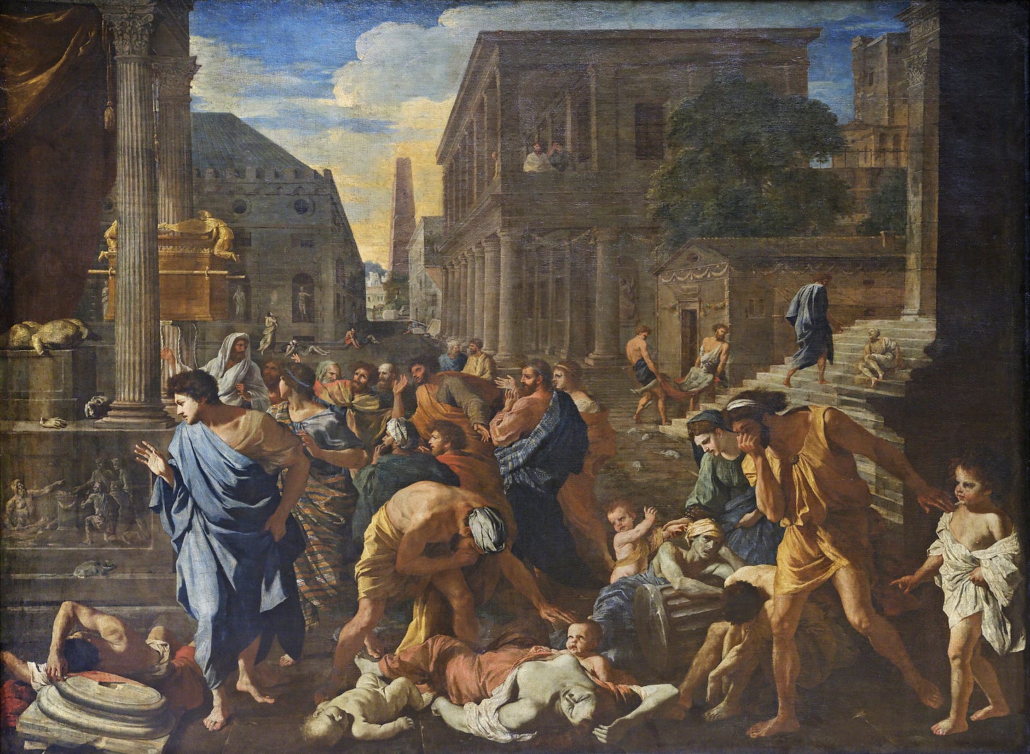 Bodies in a classical square, figures covering their noses Bodies in a classical square, figures covering their noses