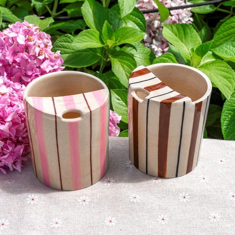 Pink&Brown Striped Travel Mug, Handmade Ceramic To Go Ceramic Tumbler, Hand-painted stripe Mug, Coffee Cup Sip Mug Mother's Day Gift for Her image 1