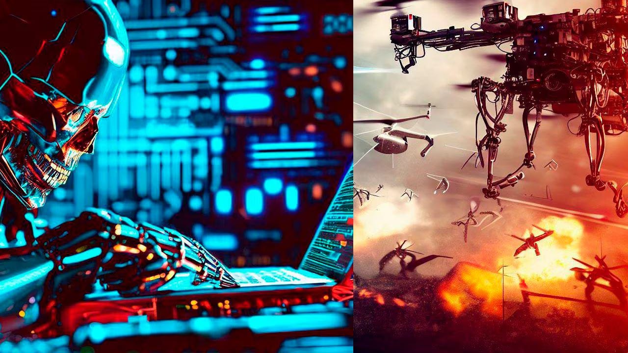 Robo humanoide utilizando um notebook e ao lado robos voadores com explosoes ao fundo