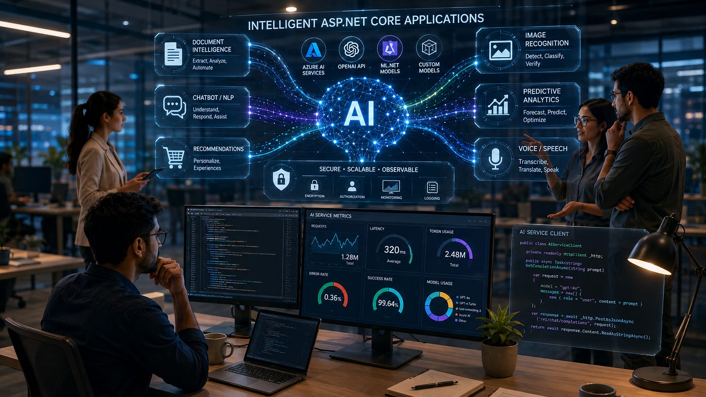 Engineers integrate AI services into an ASP.NET Core application using intelligent automation. 