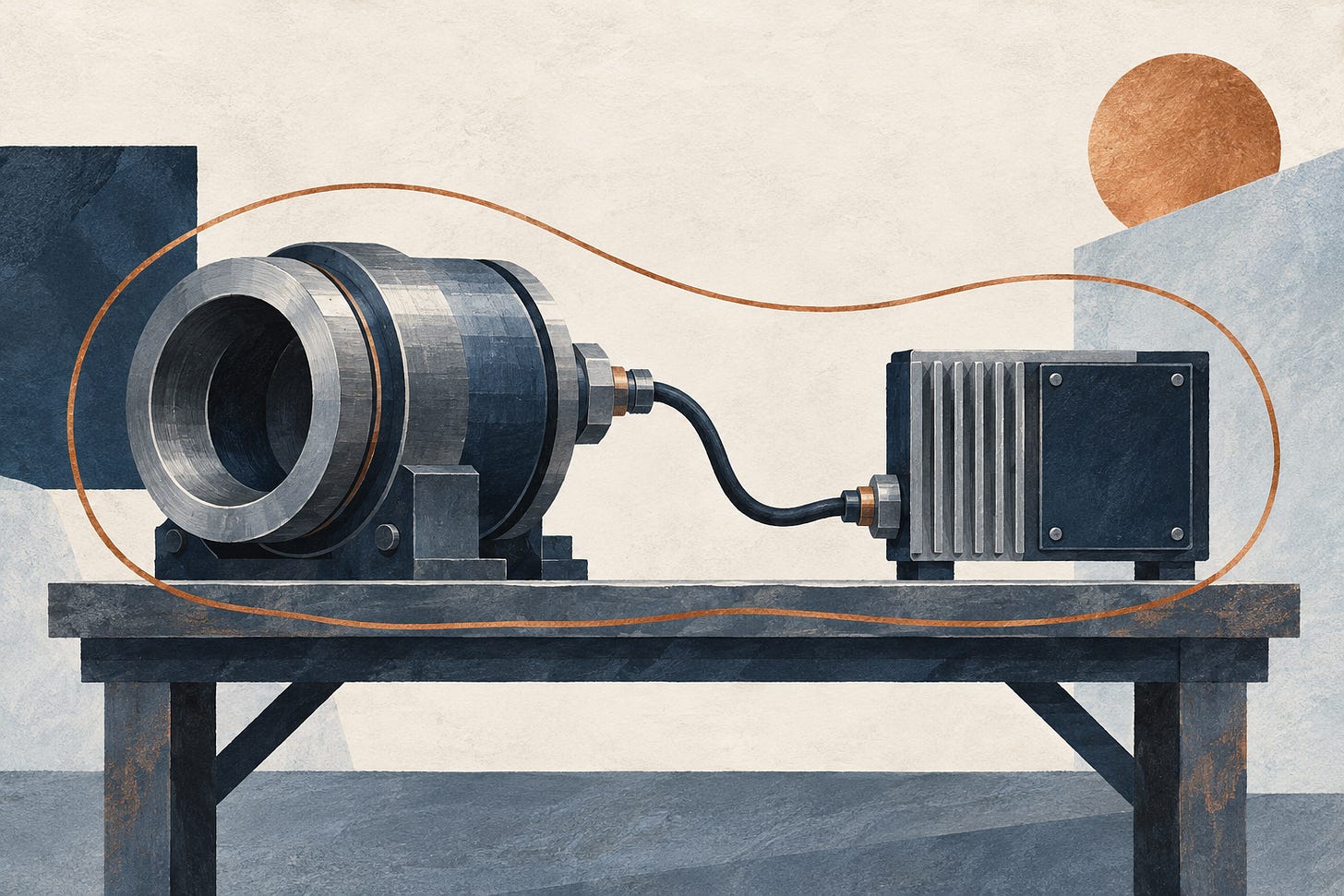 Editorial illustration of two abstract industrial modules joined by a cable on a workbench, within a loose copper outline. Editorial illustration of two abstract industrial modules joined by a cable on a workbench, within a loose copper outline.