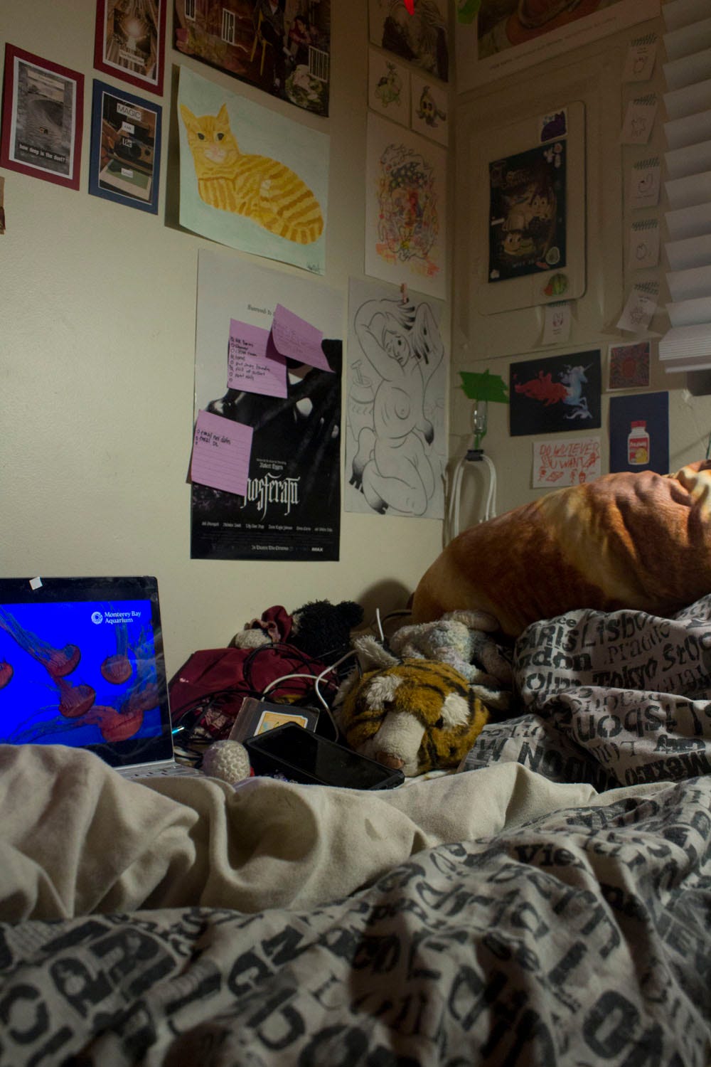 a photo of a bed with may plushies and blankets on it, as well as a laptop screen showing jellyfish