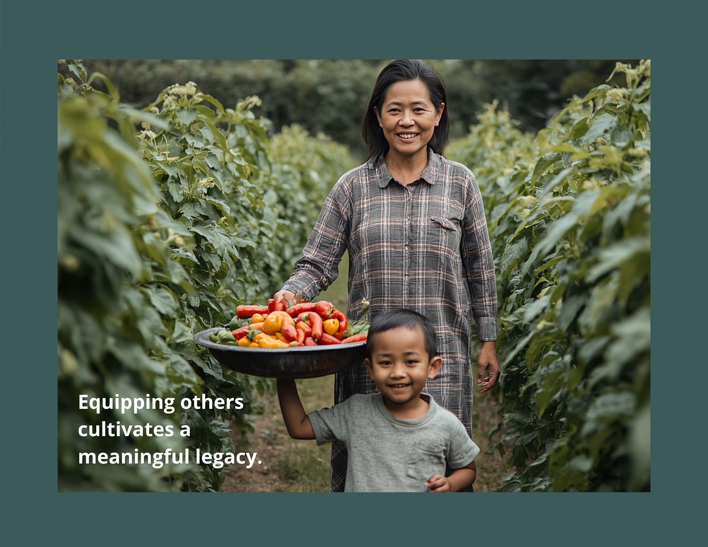 mother and child carrying garden bounty together