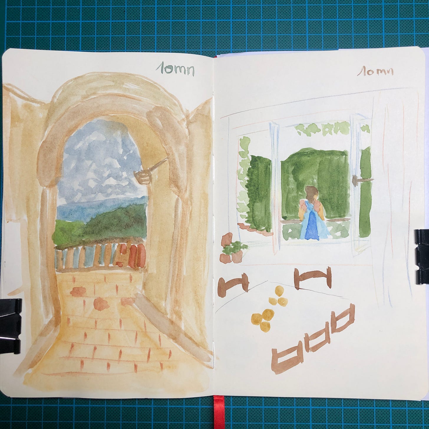 Photo d’une double-page de mon sketchbook. Le dessin de gauche a été réalisé en 10 minutes, à l’aquarelle. Le dessin de droite a été réalisé en 10 minutes, à l’aquarelle et crayon Magic.