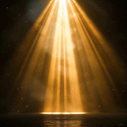 Majestic beams of golden light pour down from above, cutting through a misty atmosphere like spotlights from heaven. Dancing dust particles sparkle in the warm glow, creating an ethereal display of light and shadow. The symmetrical rays create a dramatic focal point, while subtle blue tones in the darker areas add depth and mystery to the scene. This peaceful yet powerful display of natural illumination transforms the space into a dreamlike sanctuary.