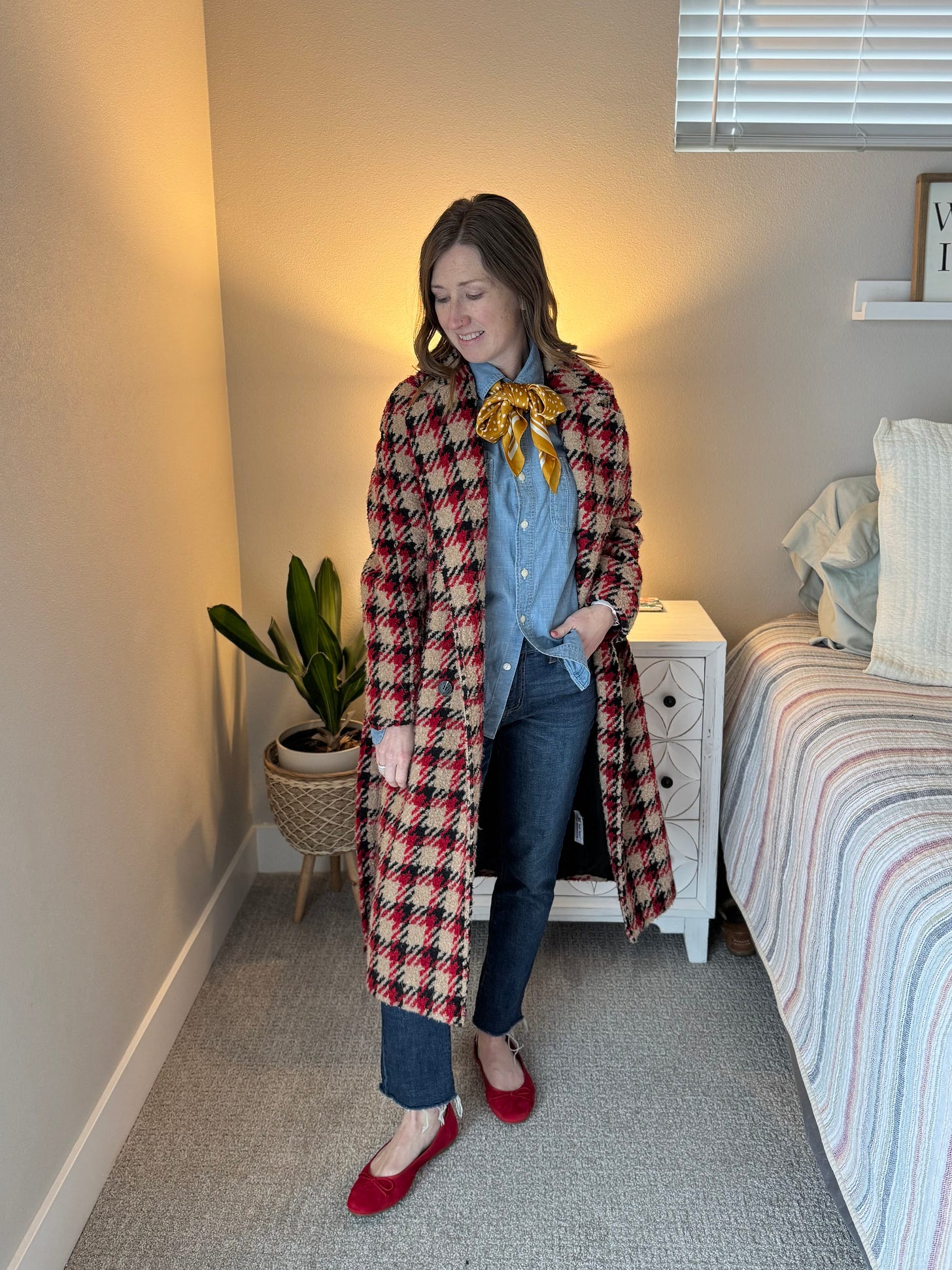 denim on denim style, outfit inspiration, statement coat, ballet flats
