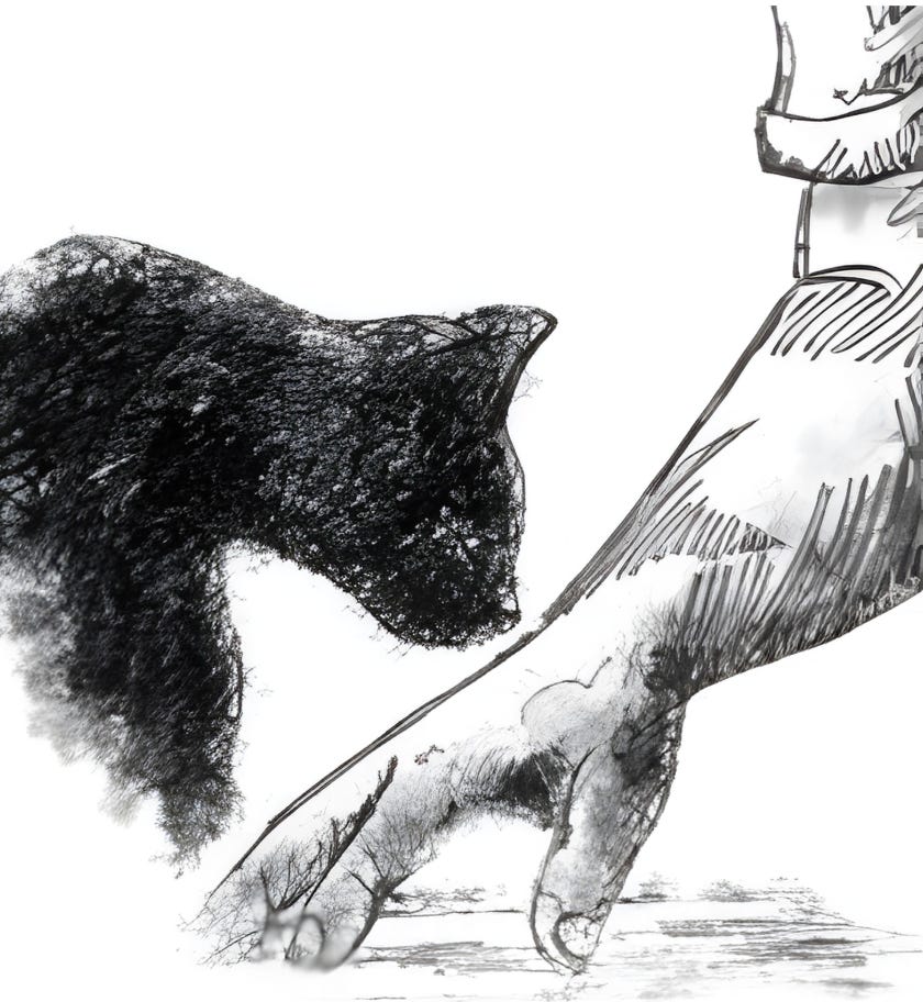 Pentekening van een zwarte kat (Jack) die voorovergebogen een hand ruikt. Een hand op de grond geplaatst, voelend, beleefbaar. De hand en arm (Francesco) zijn zichtbaar. Centraal staat de mogelijkheid om informatie op te doen.