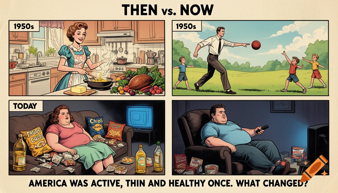 4-panel comic strip titled 'THEN vs. NOW'. Top-left panel labeled '1950s': slim elegant woman in vintage dress joyfully cooking with butter and lard in a bright kitchen, fresh vegetables and roast on counter, vibrant and healthy. Top-right panel labeled '1950s': fit handsome man in pressed shirt and slacks playing catch with children outdoors, athletic and energetic, sunny day. Bottom-left panel labeled 'TODAY': overweight woman slumped on couch surrounded by chip bags, fast food wrappers, and vegetable oil bottles, large TV glowing, looking tired and unwell. Bottom-right panel labeled 'TODAY': overweight man in recliner holding TV remote, surrounded by processed food packages, dim room, lethargic. Bold caption at bottom reads: 'America was active, thin and healthy once. What changed?' Vintage comic book art style with bold black outlines. 4-panel comic strip titled 'THEN vs. NOW'. Top-left panel labeled '1950s': slim elegant woman in vintage dress joyfully cooking with butter and lard in a bright kitchen, fresh vegetables and roast on counter, vibrant and healthy. Top-right panel labeled '1950s': fit handsome man in pressed shirt and slacks playing catch with children outdoors, athletic and energetic, sunny day. Bottom-left panel labeled 'TODAY': overweight woman slumped on couch surrounded by chip bags, fast food wrappers, and vegetable oil bottles, large TV glowing, looking tired and unwell. Bottom-right panel labeled 'TODAY': overweight man in recliner holding TV remote, surrounded by processed food packages, dim room, lethargic. Bold caption at bottom reads: 'America was active, thin and healthy once. What changed?' Vintage comic book art style with bold black outlines.